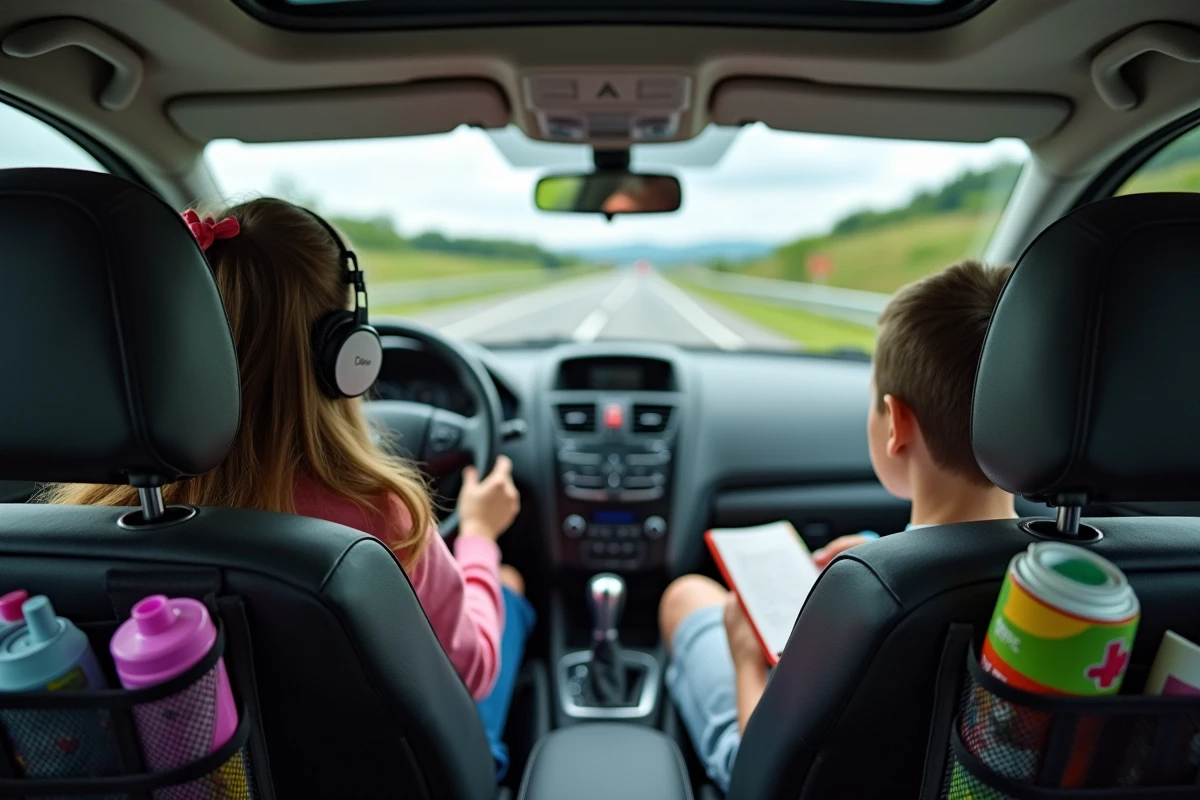 Enfants assis à l'arrière d'une voiture en voyage sur autoroute, l'un avec une tablette et l'autre lisant un livre lors d'un long trajet en famille