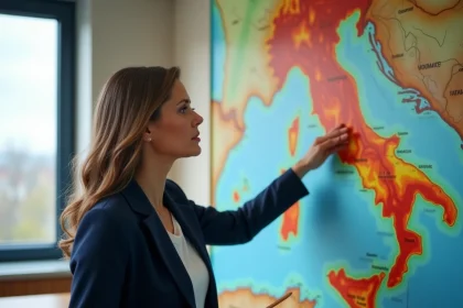 Enseignante de géographie pointant une carte des volcans italiens dans une salle de classe