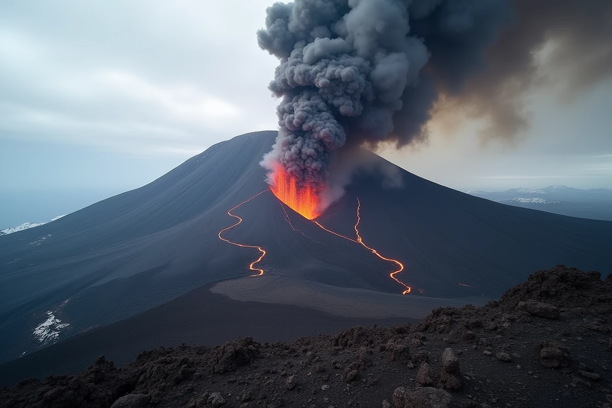 Éruption de l'Etna avec colonnes de cendres et coulées de lave sur le flanc du volcan en Sicile