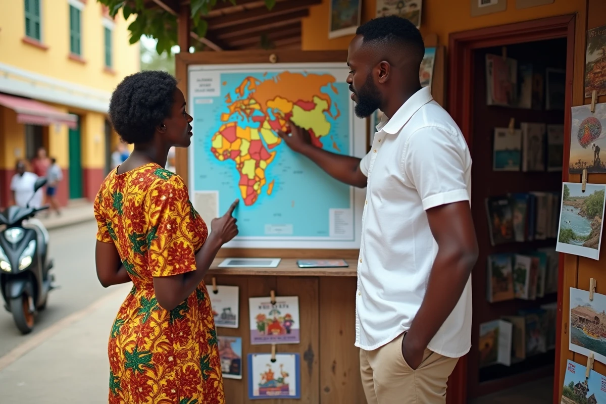 Deux étudiants sénégalais examinant une carte de l'Afrique à un kiosque de rue à Saint-Louis du Sénégal