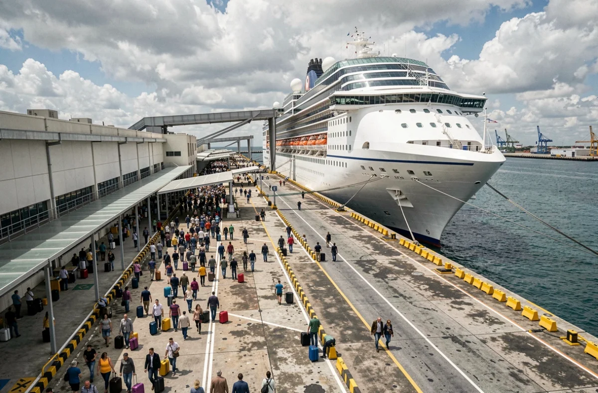 Vue extérieure d'un terminal de croisière avec passagers cheminant vers la passerelle d'embarquement du navire