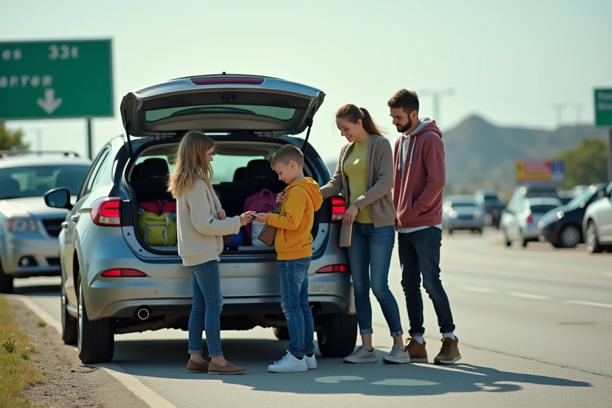 Famille avec voiture au repos sur l