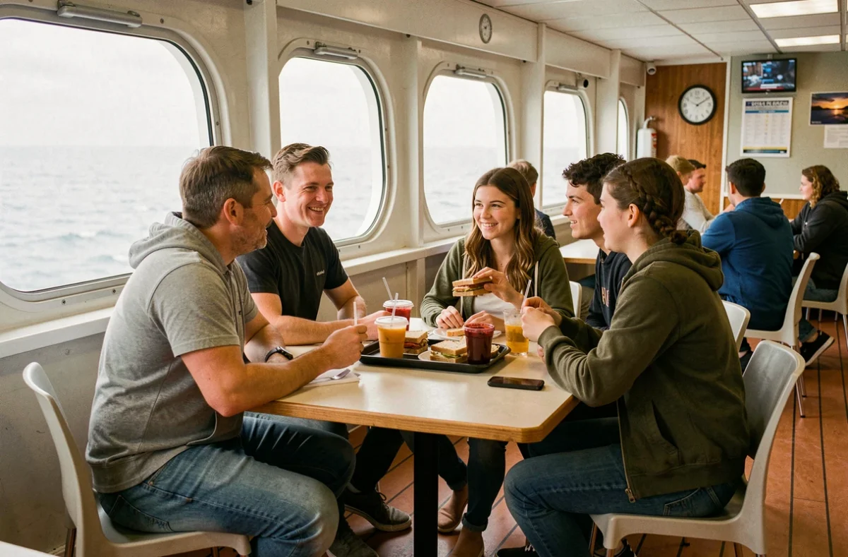 Famille en mini-croisière déjeunant dans le salon cafétéria d'un ferry régional abordable