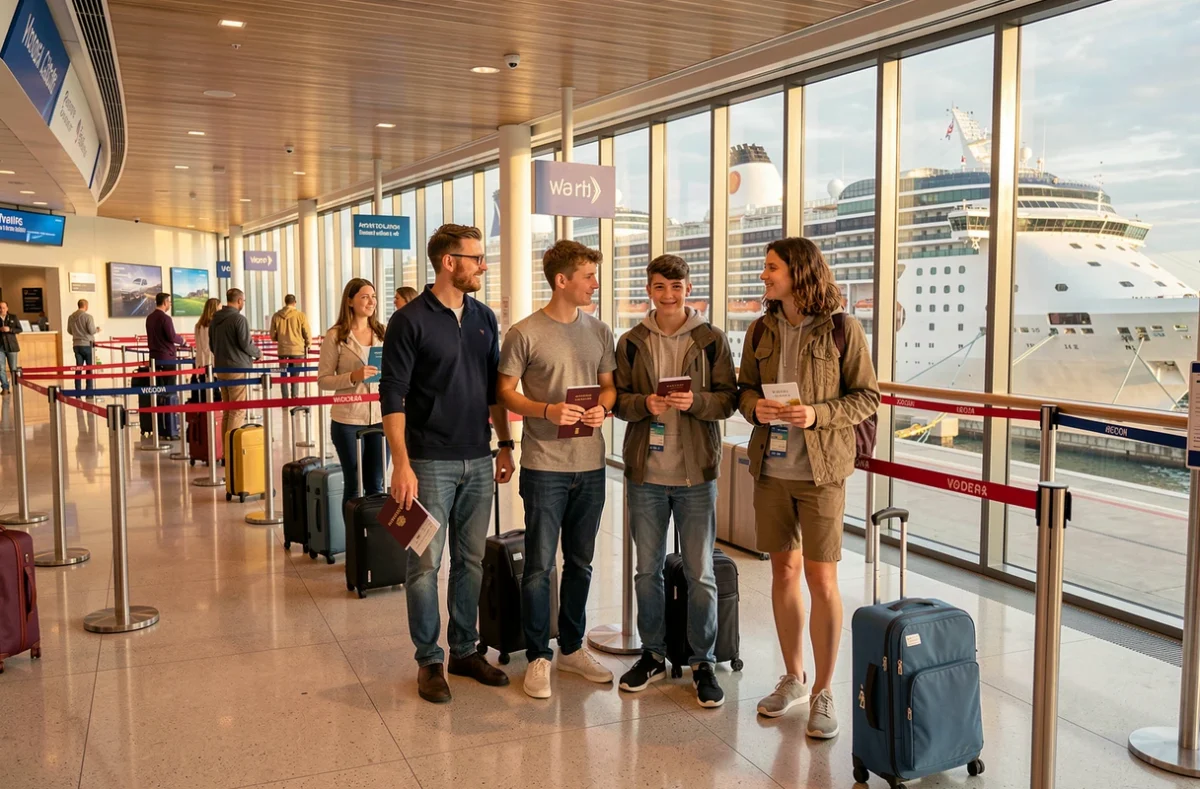 Famille faisant la queue avec bagages et passeports dans le hall d'embarquement d'un terminal de croisière