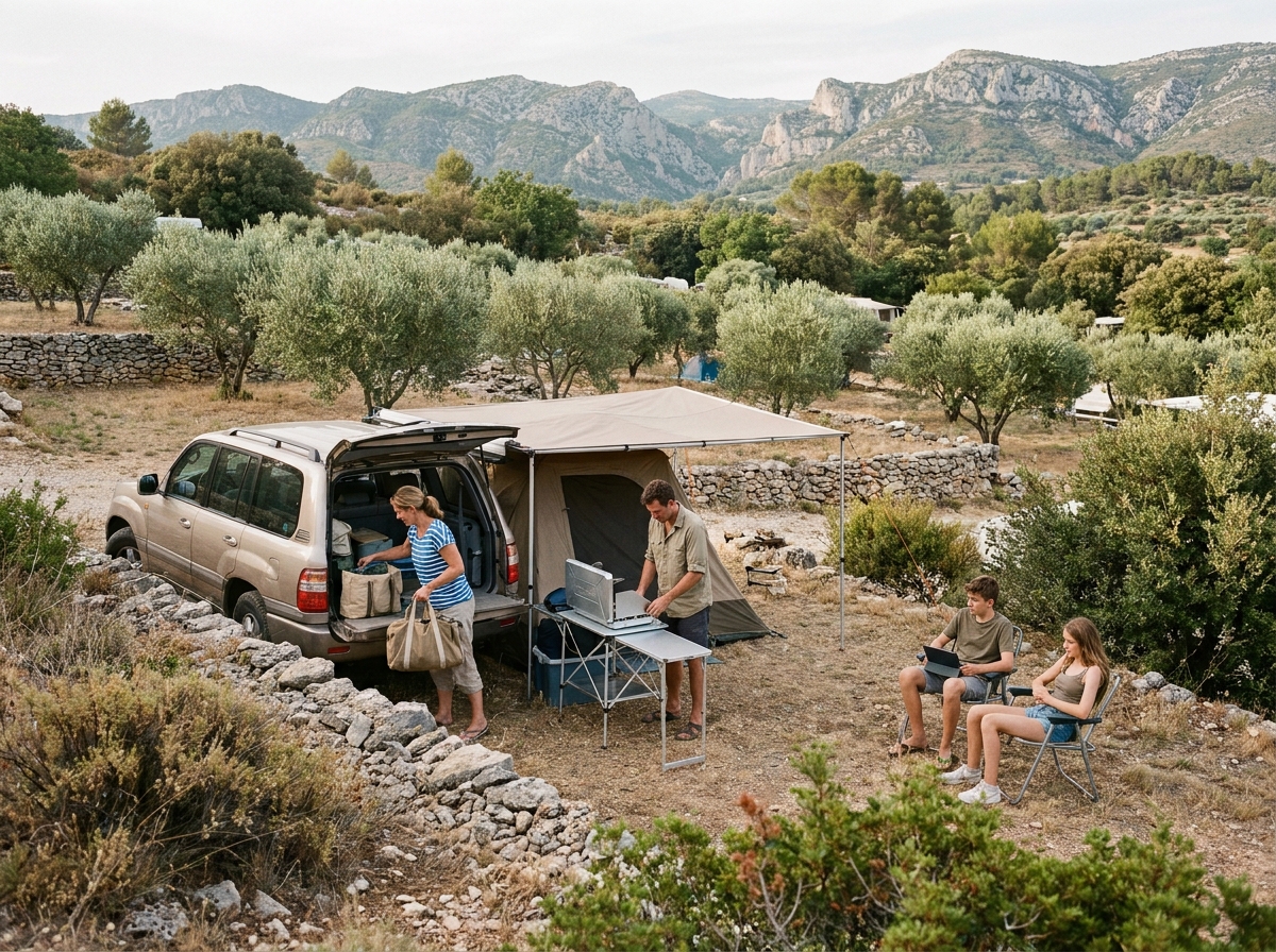 Famille installant leur camp sous des oliviers dans un camping naturel en Provence près de Sisteron avec vue sur les Alpes