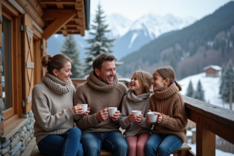 Famille souriante sur la terrasse avec vue montagne enneigee