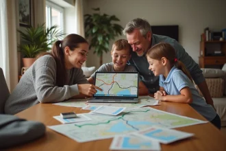 Famille planifiant leur voyage autour d'une table