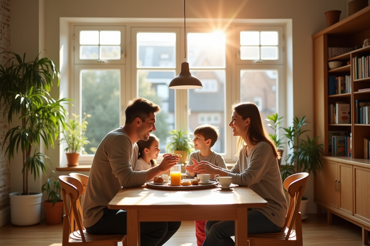 Famille partageant un petit déjeuner dans la maison