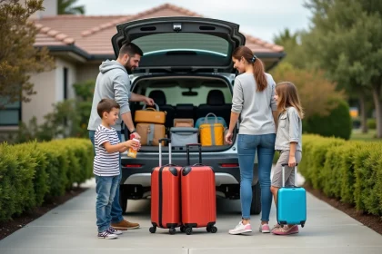 Famille en train de charger un SUV pour un long trajet en voiture, parents et enfants préparant les bagages dans une allée de maison