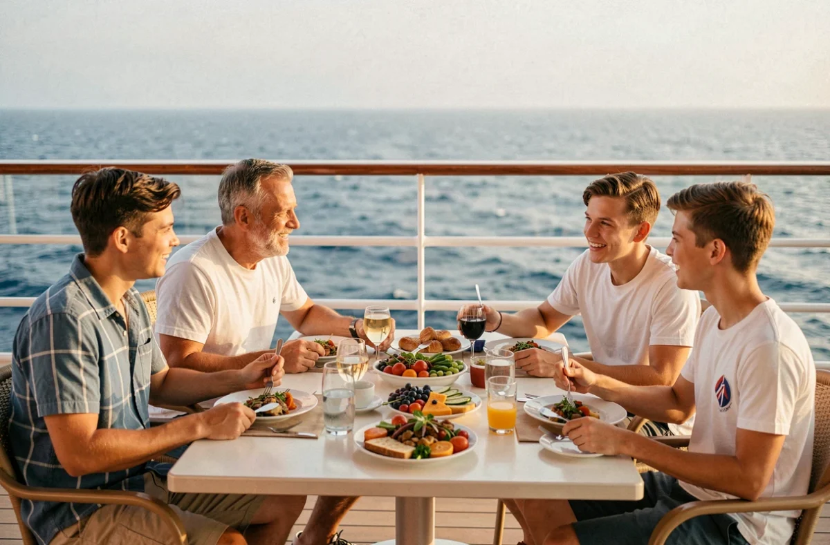 Famille profitant du repas en terrasse extérieure sur un paquebot MSC en mer