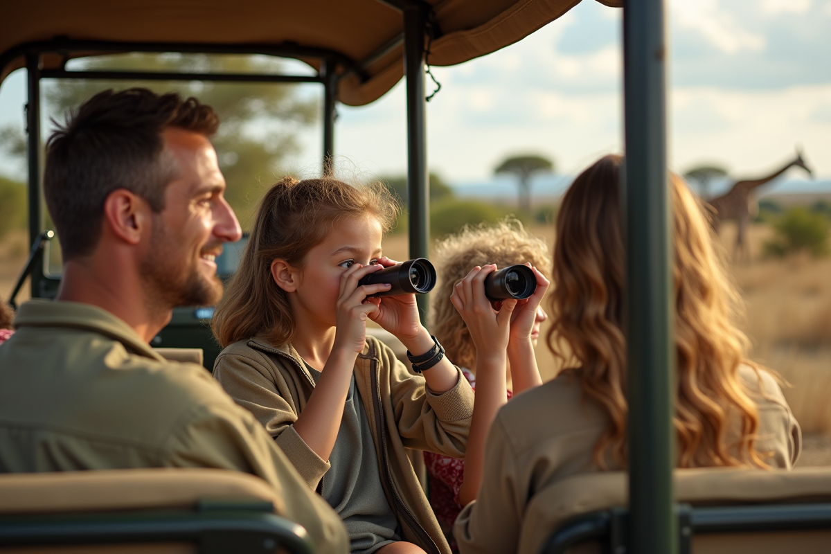 Famille en safari regardant au loin avec des jumelles