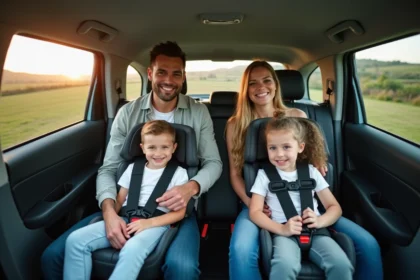 Famille dans une voiture en voyage à Madère avec sièges auto