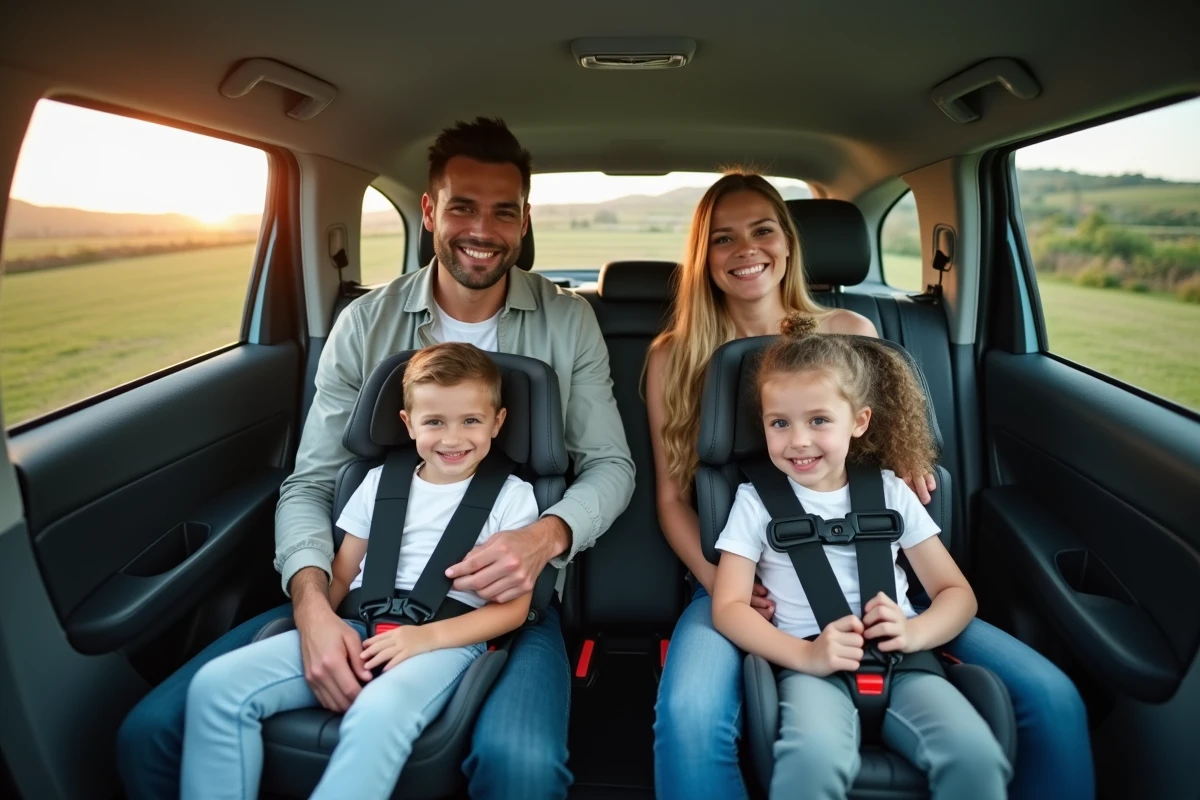 Famille dans une voiture en voyage à Madère avec sièges auto