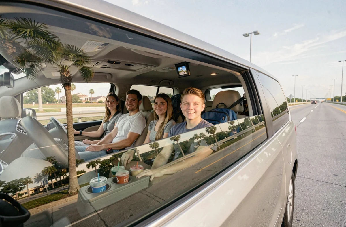 Famille en voiture sur la Florida Turnpike avec GPS affichant le trajet Miami-Orlando pour visiter les parcs