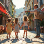 Famille heureuse explorant un village européen ensoleille