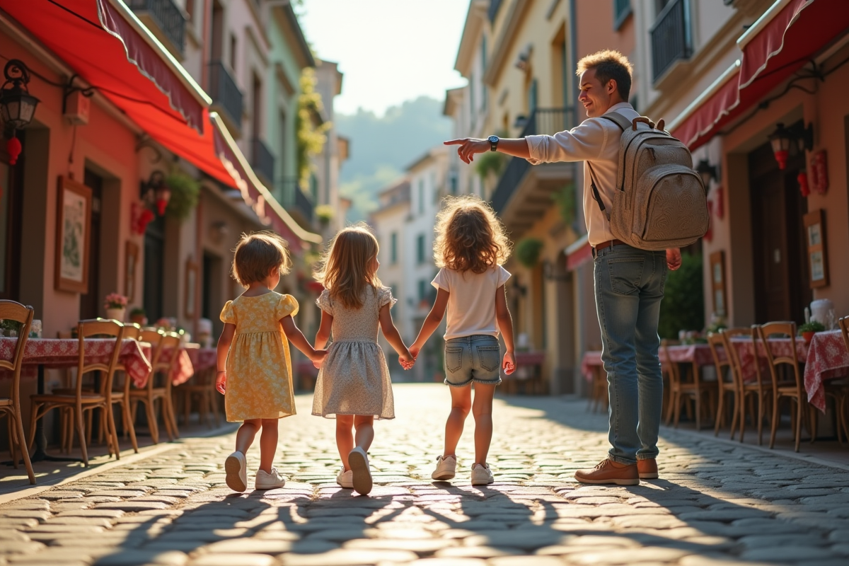 Famille heureuse explorant un village européen ensoleille