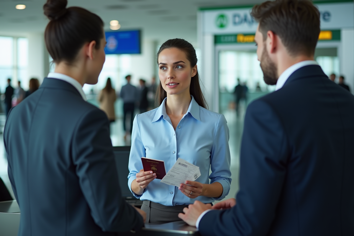 Femme à l'aéroport avec passeport et billet pour l'article