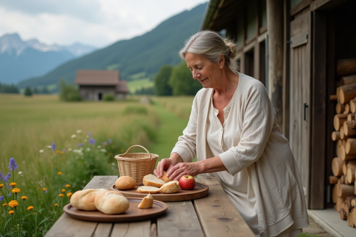 Femme bavaroise préparant du pain et des fruits dans un cadre rural