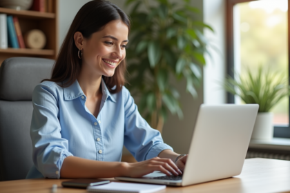 Femme au bureau regardant son ordinateur pour réserver