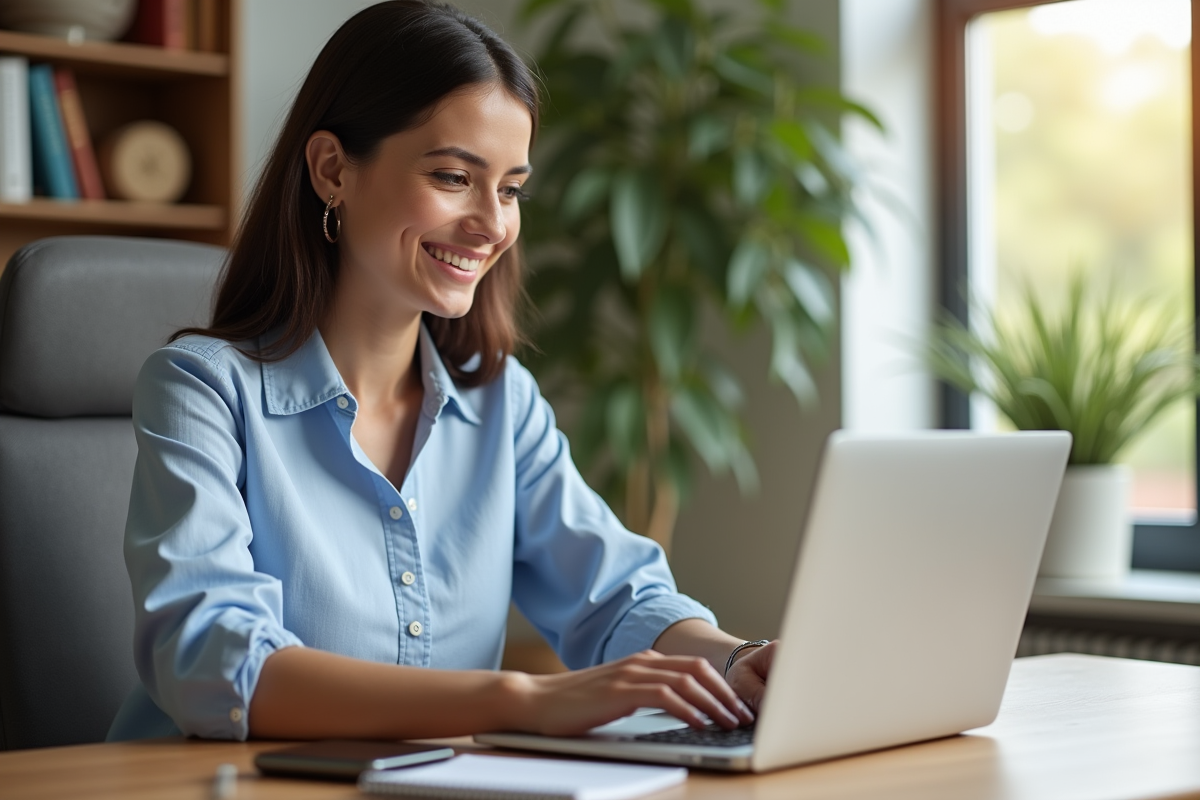 Femme au bureau regardant son ordinateur pour réserver
