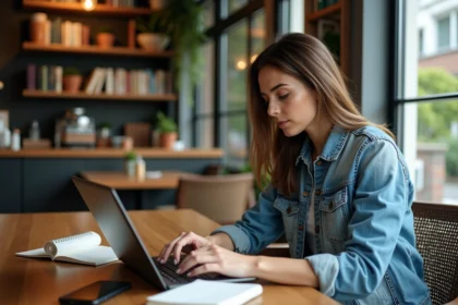 Femme assise au café avec ordinateur portable et notes