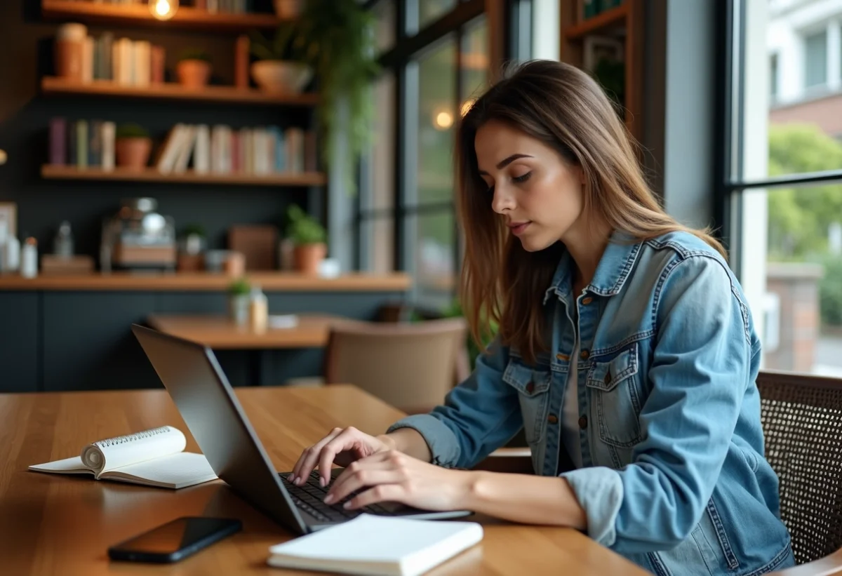 Femme assise au café avec ordinateur portable et notes