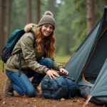 Jeune femme en camping dans la forêt avec tente et sac