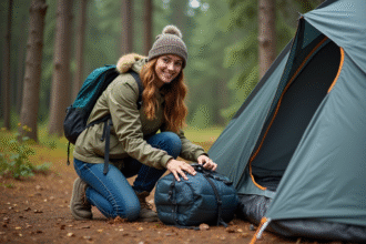 Jeune femme en camping dans la forêt avec tente et sac