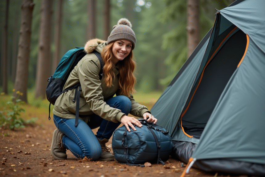 Jeune femme en camping dans la forêt avec tente et sac