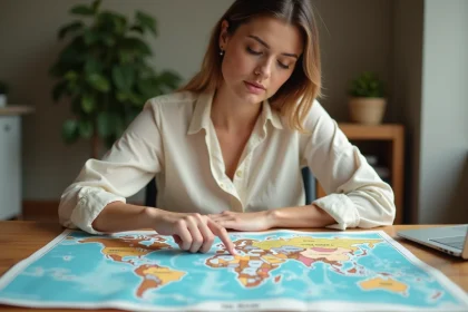 Femme consultant une carte des fuseaux horaires mondiaux étalée sur un bureau en bois dans un bureau à domicile moderne