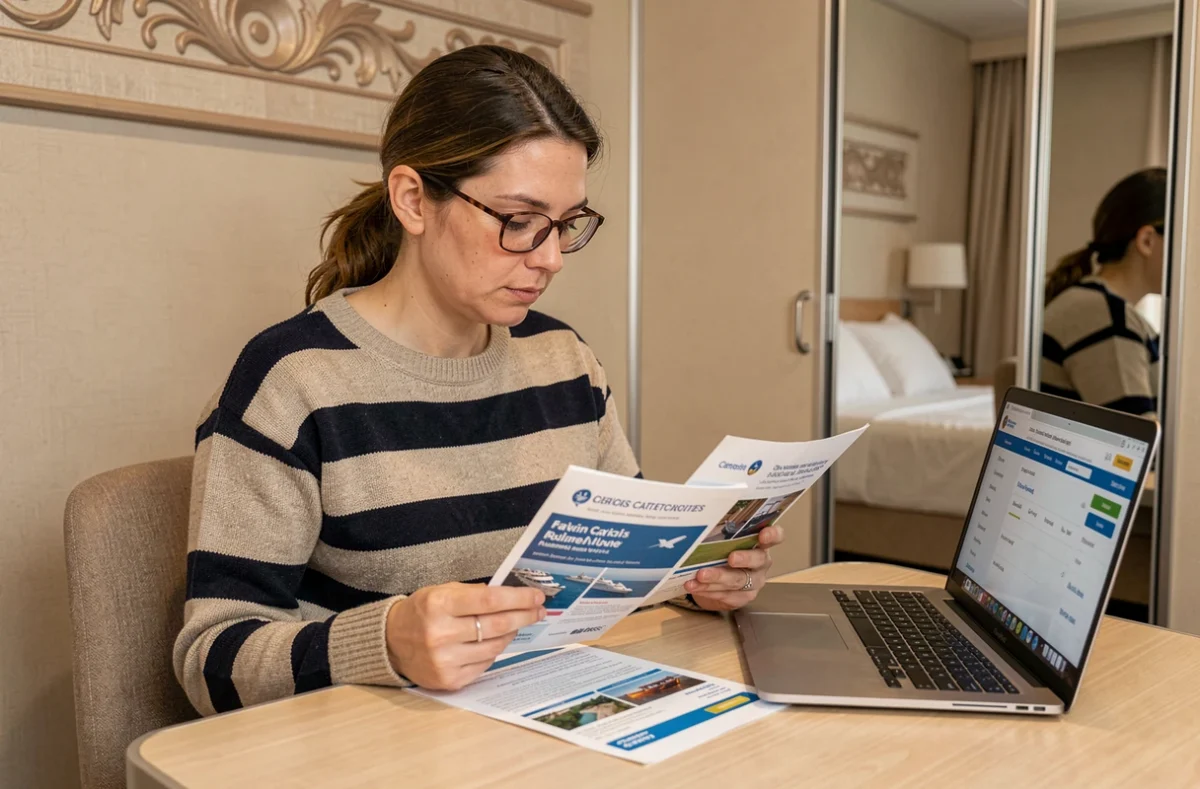 Femme consultant une brochure de croisière dans une cabine intérieure pour comparer les catégories