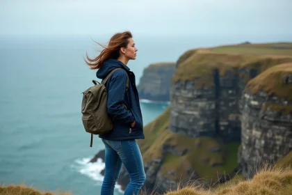 Jeune femme sur une falaise côtière en Bretagne