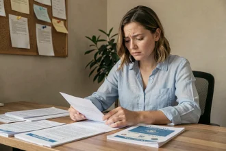 Femme remplissant un formulaire de demande de passeport à son bureau à domicile, entourée de documents officiels