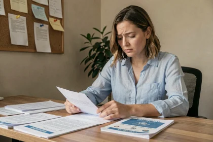 Femme remplissant un formulaire de demande de passeport à son bureau à domicile, entourée de documents officiels