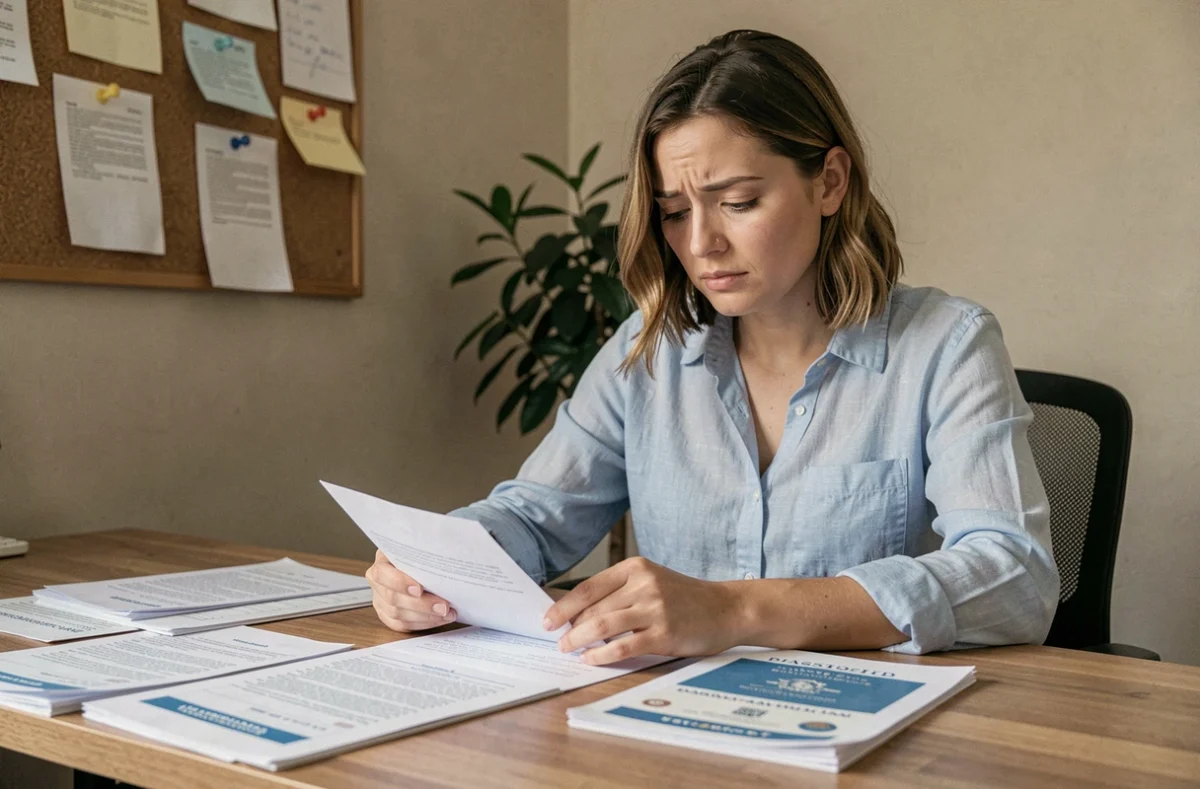Femme remplissant un formulaire de demande de passeport à son bureau à domicile, entourée de documents officiels