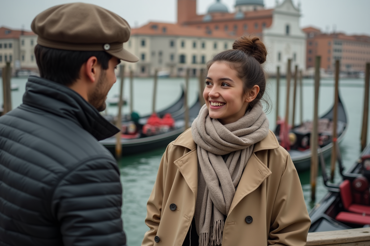 Jeune femme souriante parle avec un gondolier à Venise