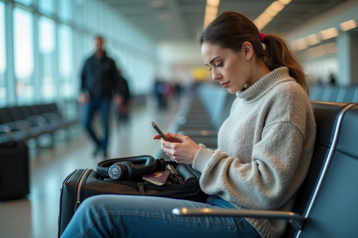 Jeune femme préparant ses essentiels dans un salon d'aéroport