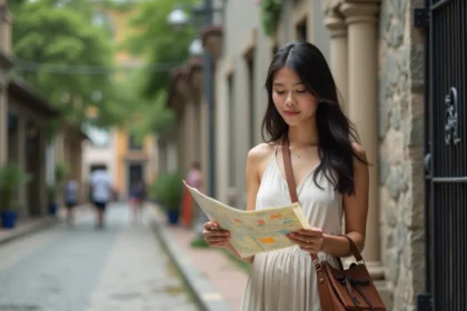 Jeune femme filippine consulte une carte dans Intramuros