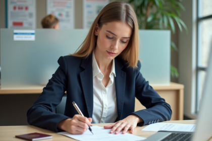 Jeune femme remplissant un formulaire dans une mairie française