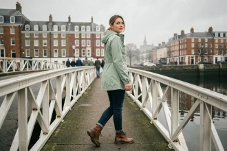 Femme traversant le Ha'penny Bridge à Dublin lors d'une balade à pied sans voiture