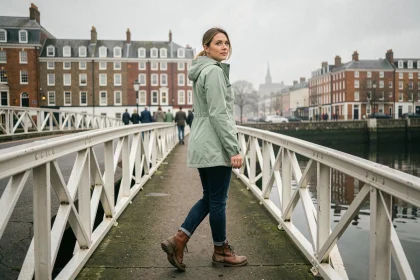 Femme traversant le Ha'penny Bridge à Dublin lors d'une balade à pied sans voiture