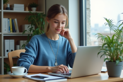 Femme détendue travaillant sur son ordinateur dans un bureau à domicile