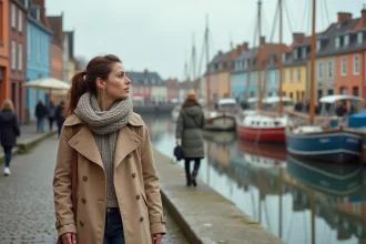 Femme contemplant les maisons colorées d'Honfleur