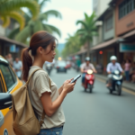 Jeune femme indonesienne à Denpasar avec taxi et smartphone