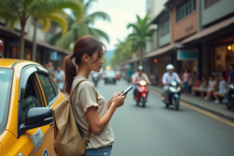 Jeune femme indonesienne à Denpasar avec taxi et smartphone