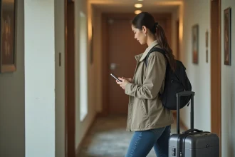 Femme inquiète dans un hôtel moderne avec valise