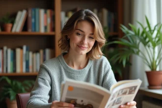 Femme lisant un magazine lifestyle à son bureau à domicile, illustrant un abonnement magazine en 2026