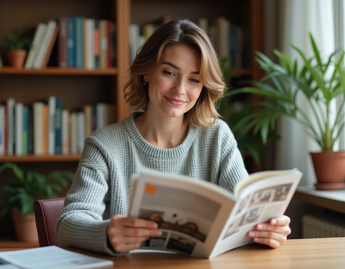 Femme lisant un magazine lifestyle à son bureau à domicile, illustrant un abonnement magazine en 2026