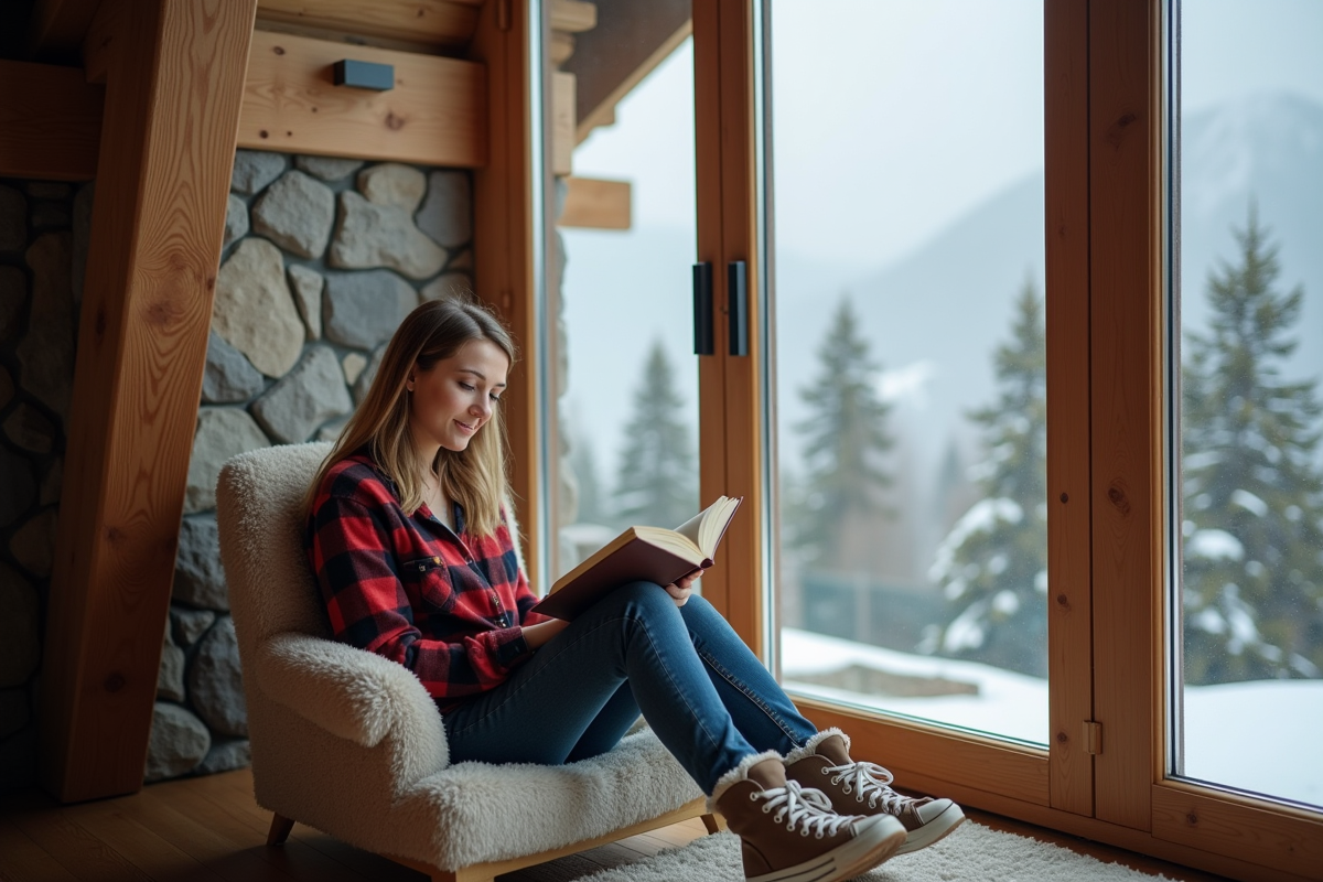 Femme lisant près de la fenêtre dans un chalet montagnard