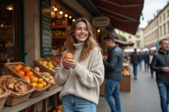 Jeune femme dégustant une pâtisserie au marché français
